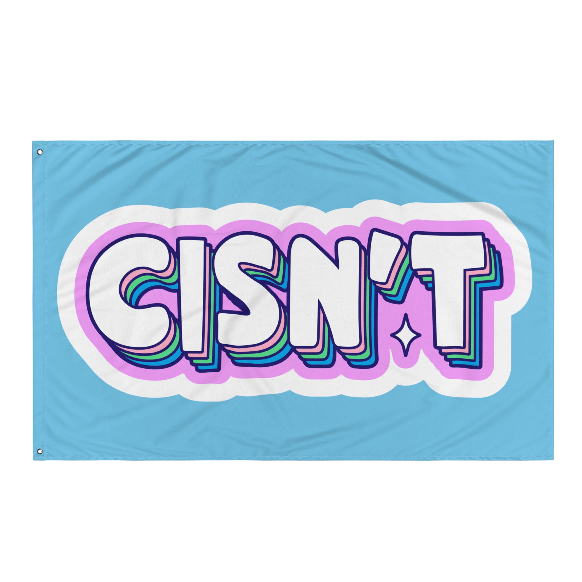 Cisn't trans pride wall flag, flat lay — Rose Gold Co