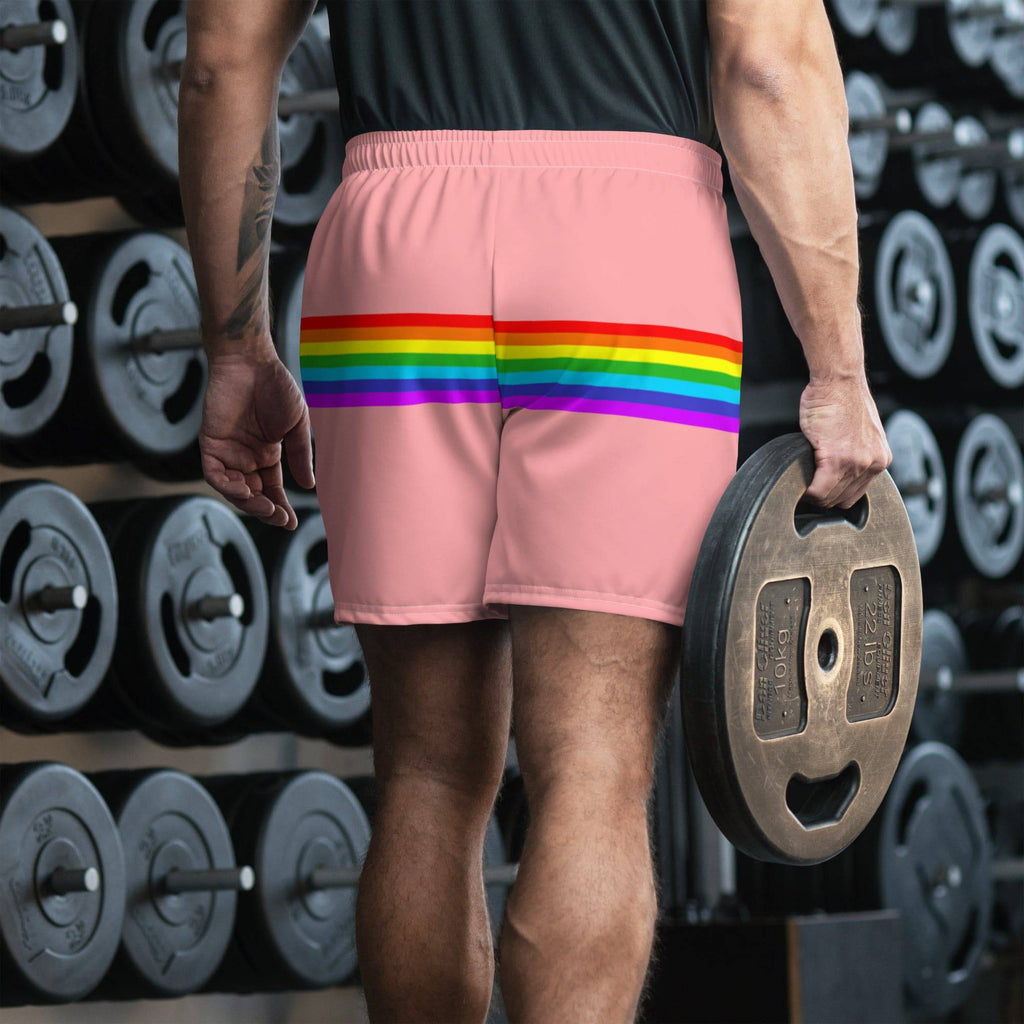 Pale pink rainbow stripe pride shorts, view 5 — Rose Gold Co