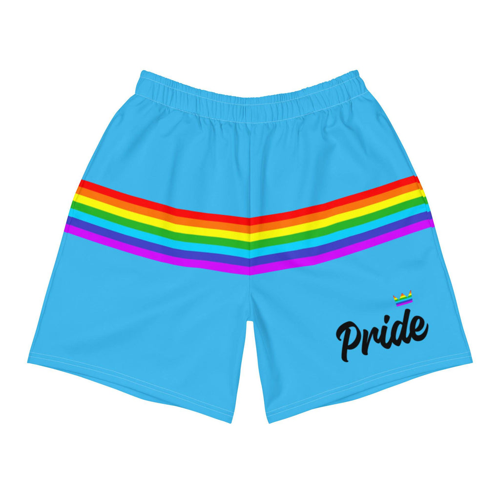 Blue rainbow stripe pride shorts, front view — Rose Gold Co