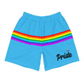 Blue rainbow stripe pride shorts, front view — Rose Gold Co