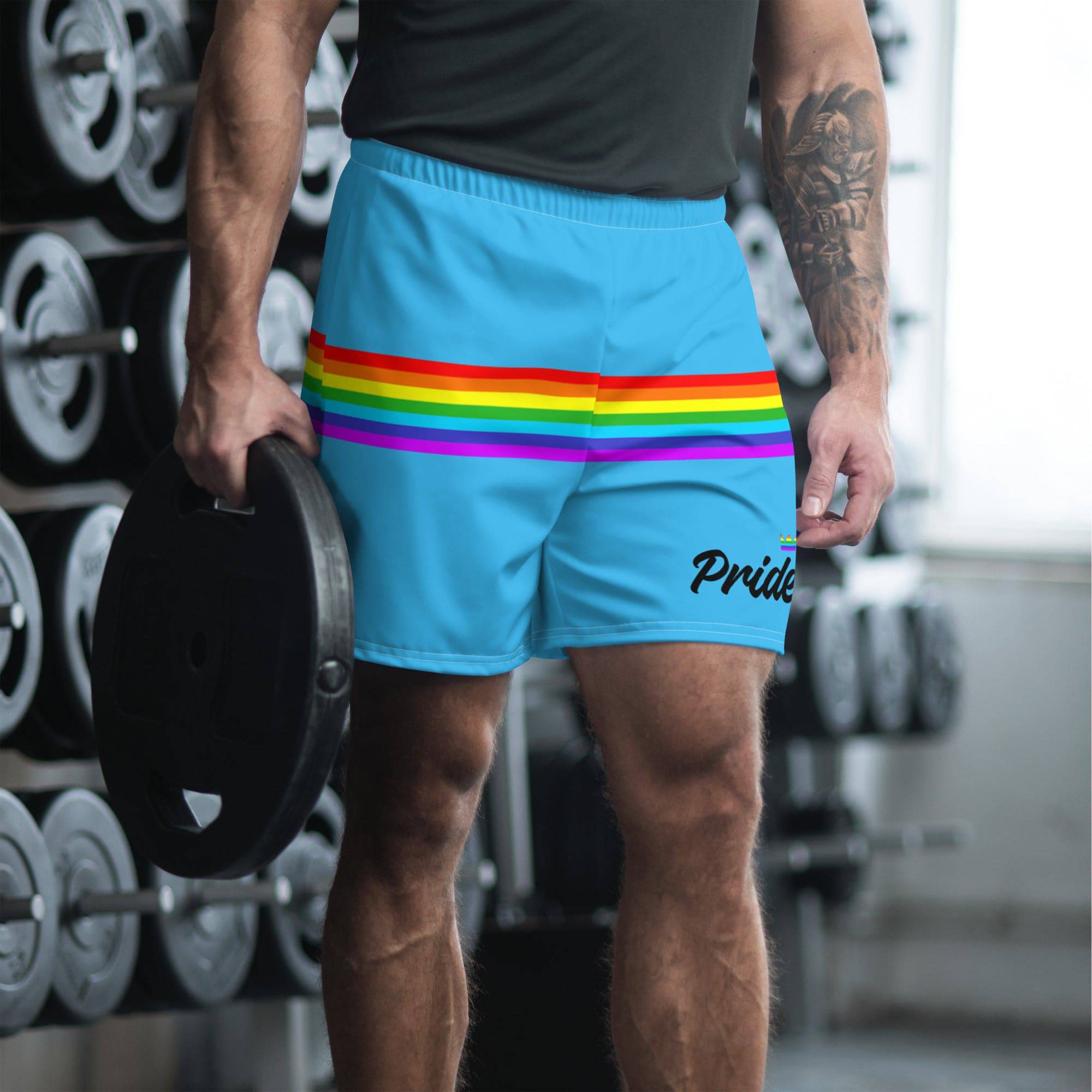 Blue rainbow stripe pride shorts, view 2 — Rose Gold Co