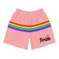 Pale pink rainbow stripe pride shorts, front view — Rose Gold Co