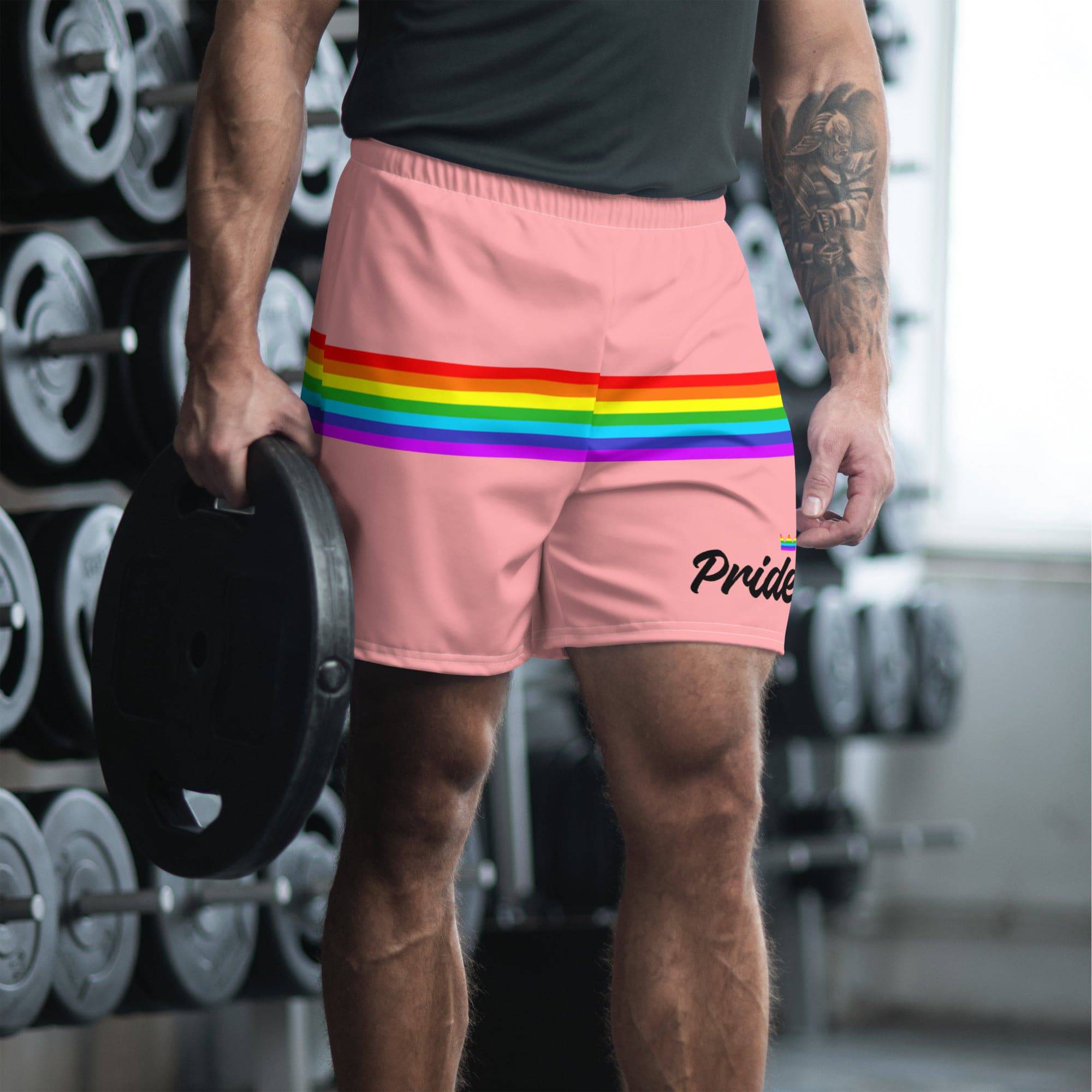 Pale pink rainbow stripe pride shorts, view 2 — Rose Gold Co