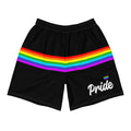 Black rainbow stripe pride shorts, front view — Rose Gold Co