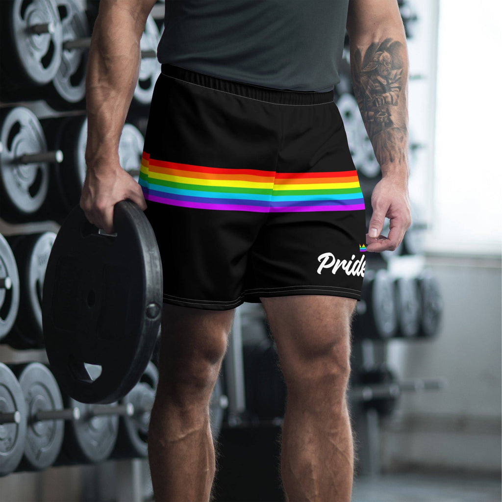 Black rainbow stripe pride shorts, view 2 — Rose Gold Co
