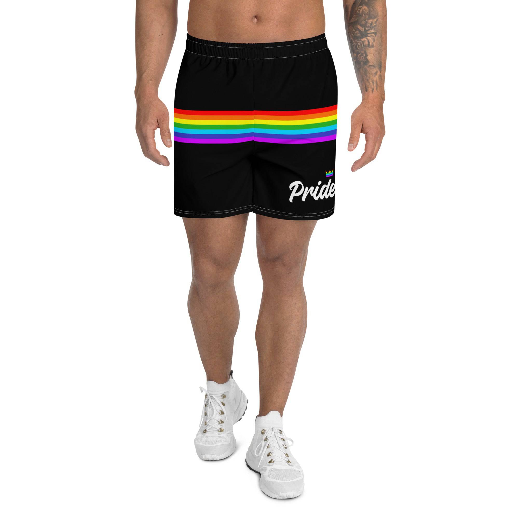 Black rainbow stripe pride shorts, view 4 — Rose Gold Co