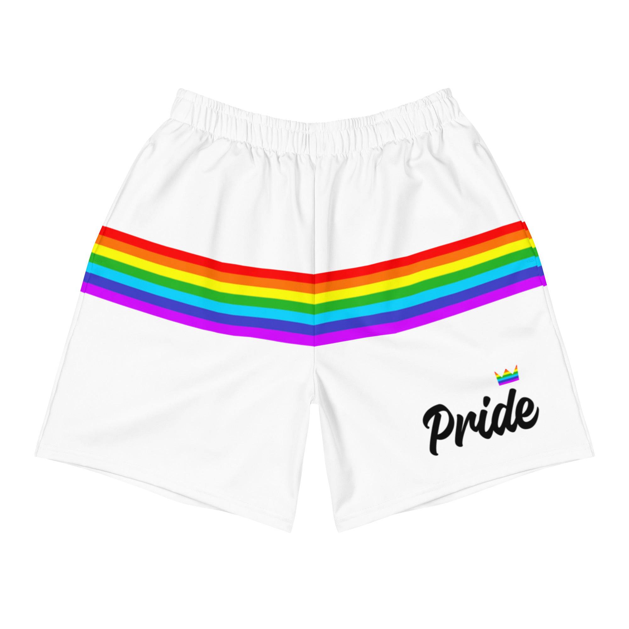 White rainbow stripe pride shorts, front view — Rose Gold Co