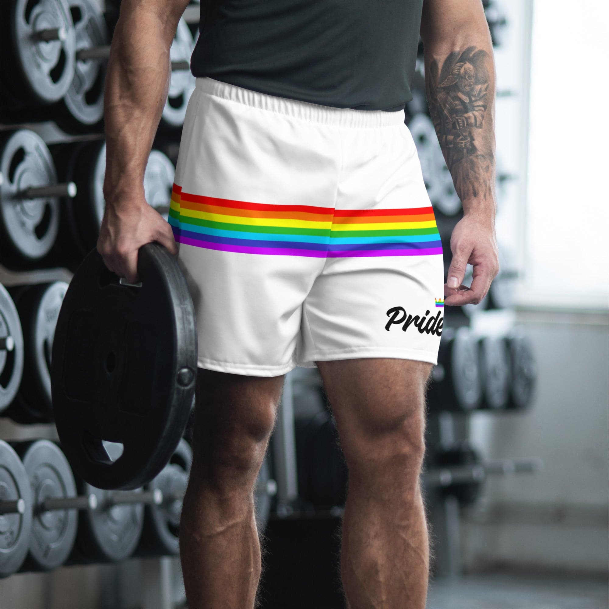 White rainbow stripe pride shorts, view 2 — Rose Gold Co