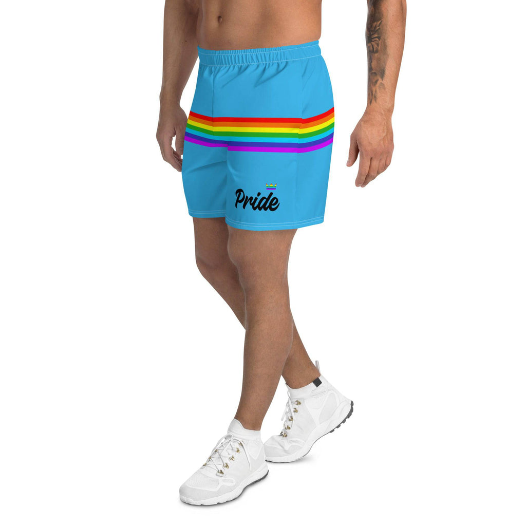 Blue rainbow stripe pride shorts, view 3 — Rose Gold Co
