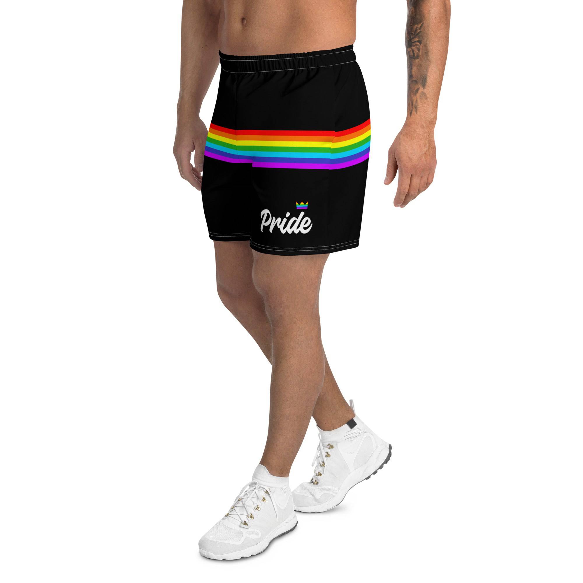 Black rainbow stripe pride shorts, view 3 — Rose Gold Co