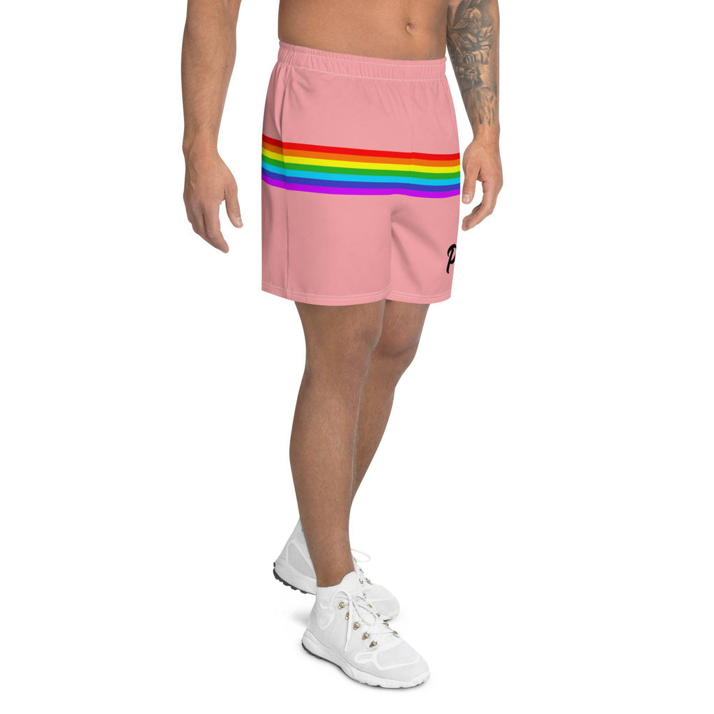 Pale pink rainbow stripe pride shorts, view 4 — Rose Gold Co