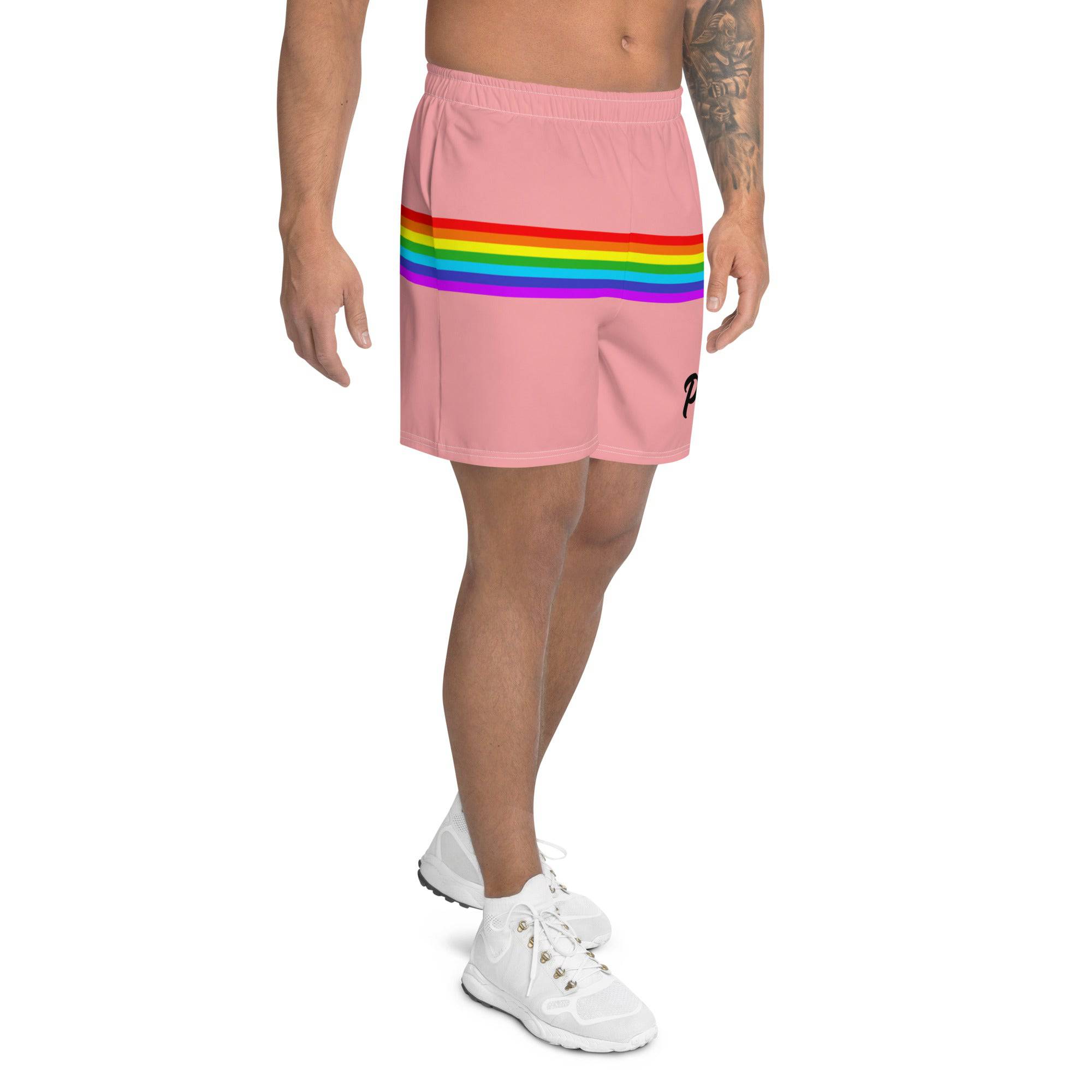 Pale pink rainbow stripe pride shorts, view 4 — Rose Gold Co