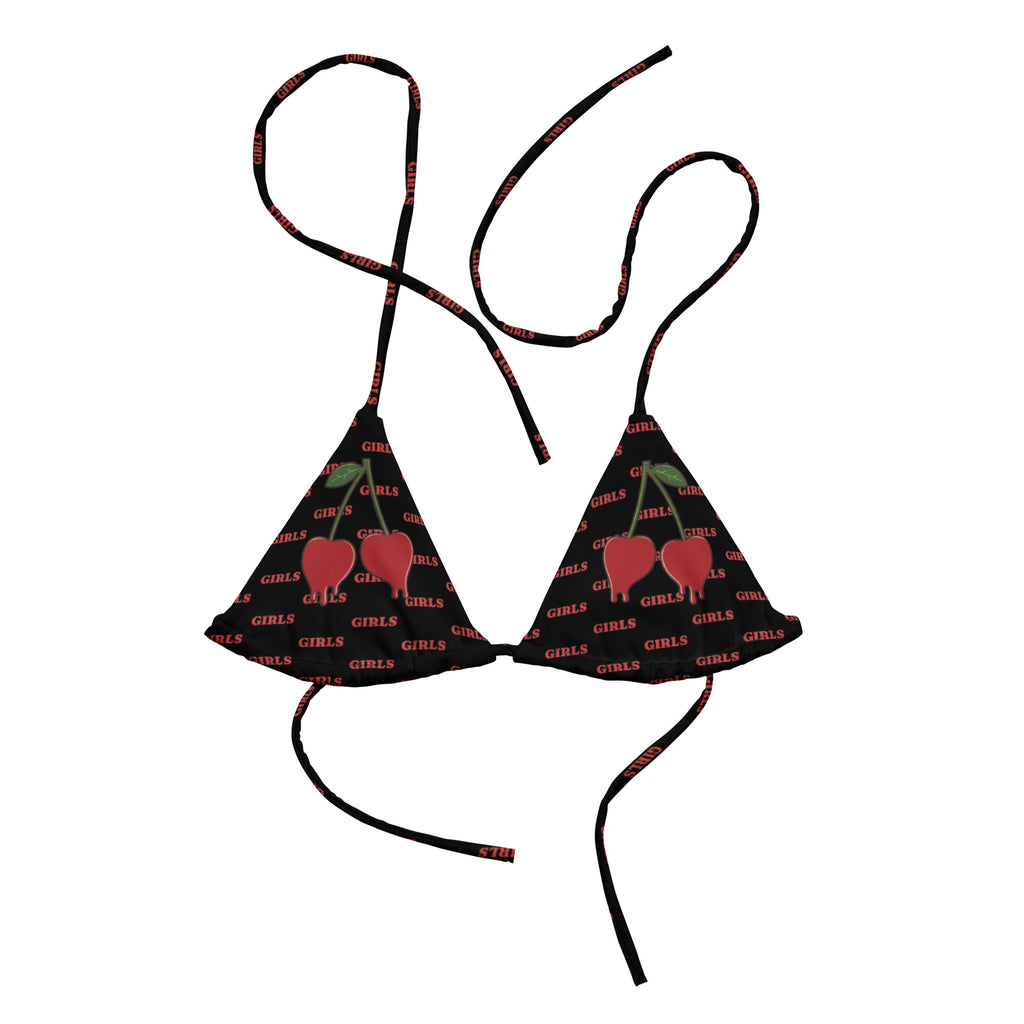 GIRLS cherry red string bikini top, flat lay — Rose Gold Co