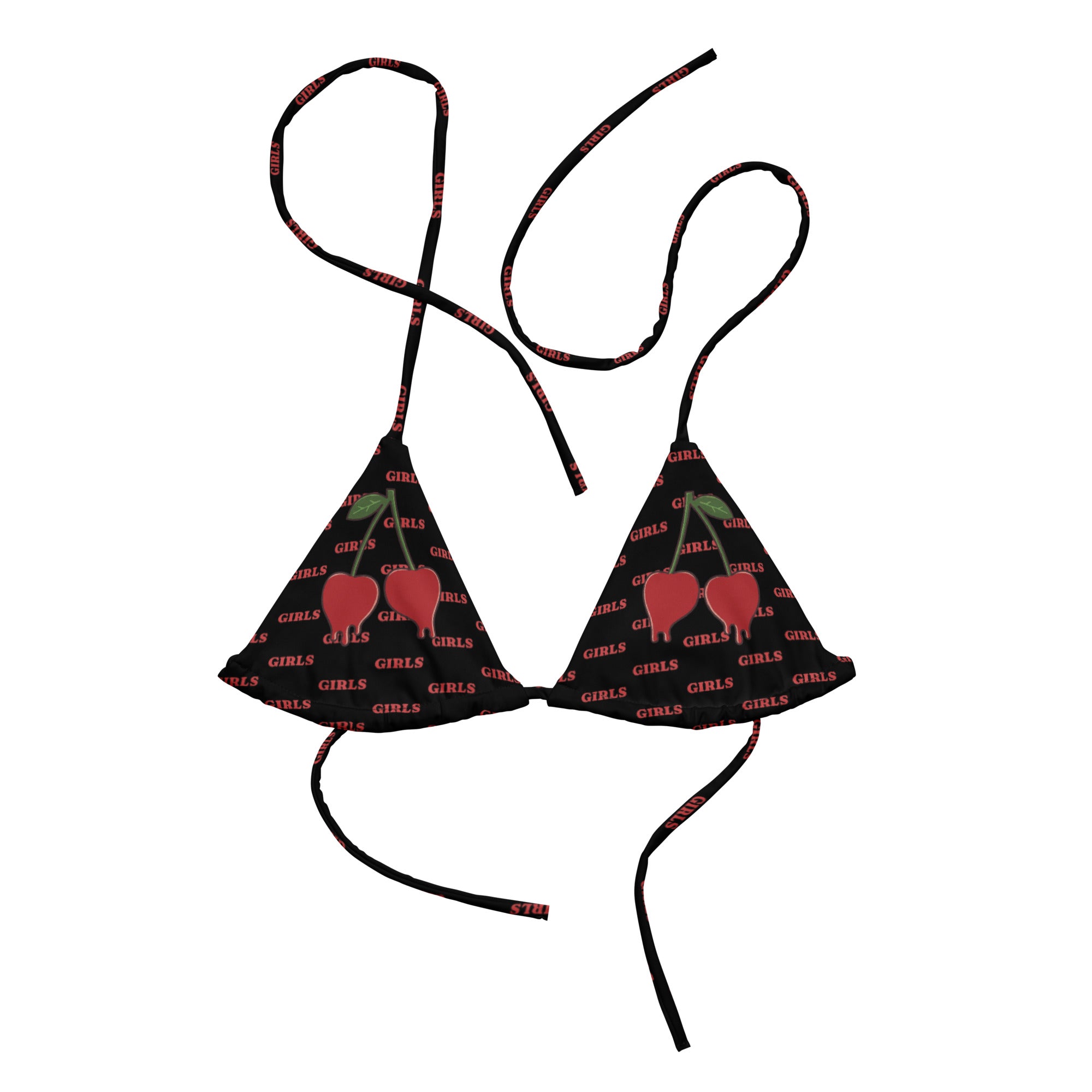 GIRLS cherry red string bikini top, flat lay — Rose Gold Co