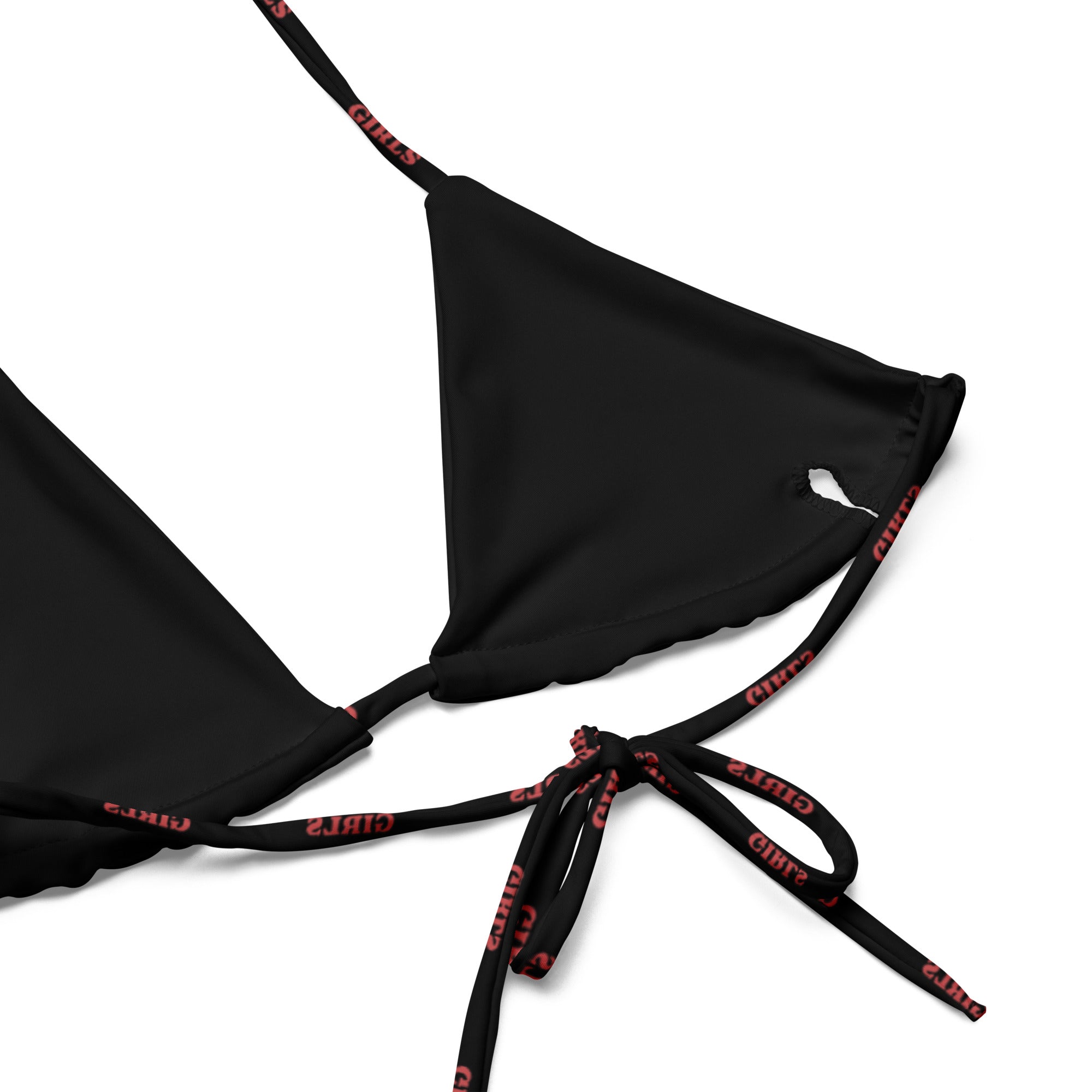GIRLS cherry red string bikini top, detail view — Rose Gold Co