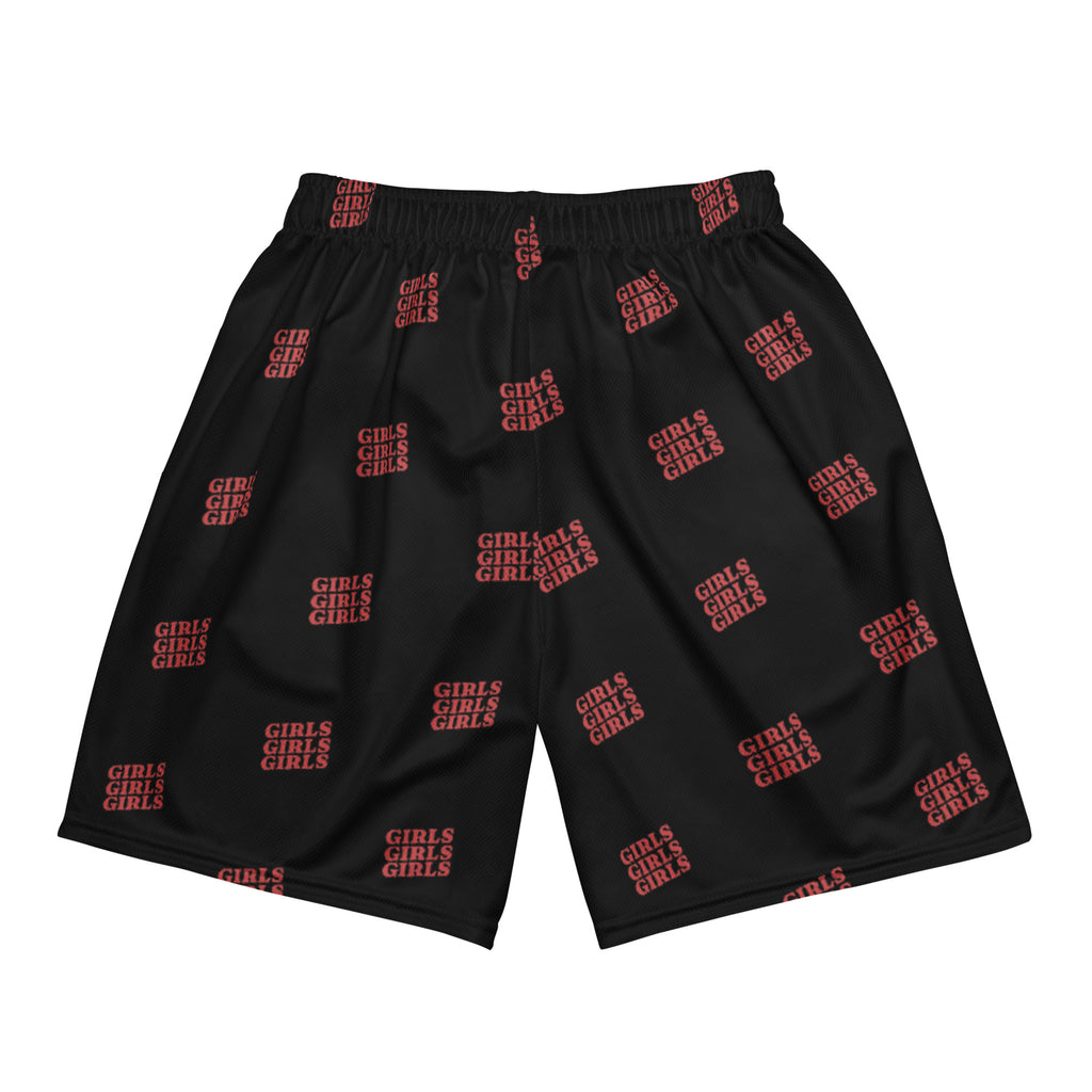 Girls Girls Girls mesh shorts, flat lay — Rose Gold Co