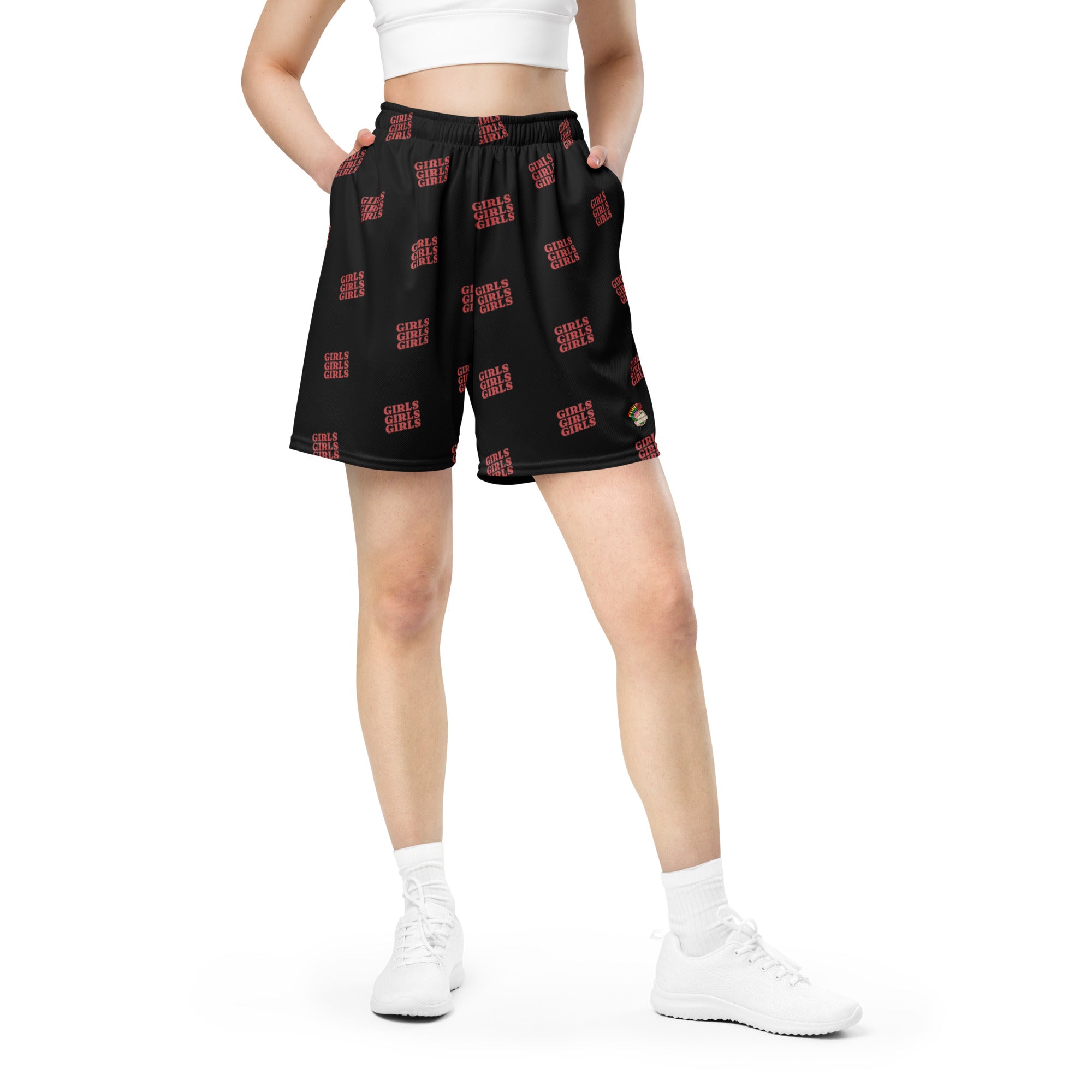 Girls Girls Girls mesh shorts, back view — Rose Gold Co