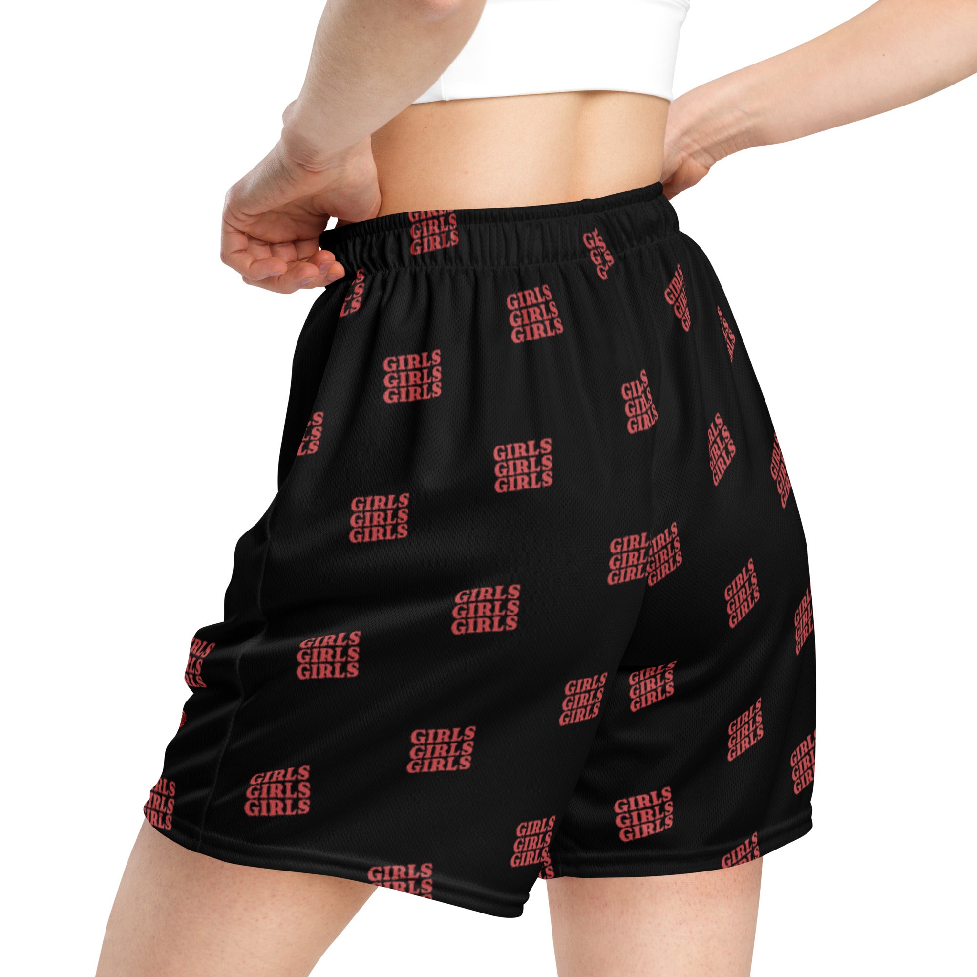 Girls Girls Girls mesh shorts, side view — Rose Gold Co