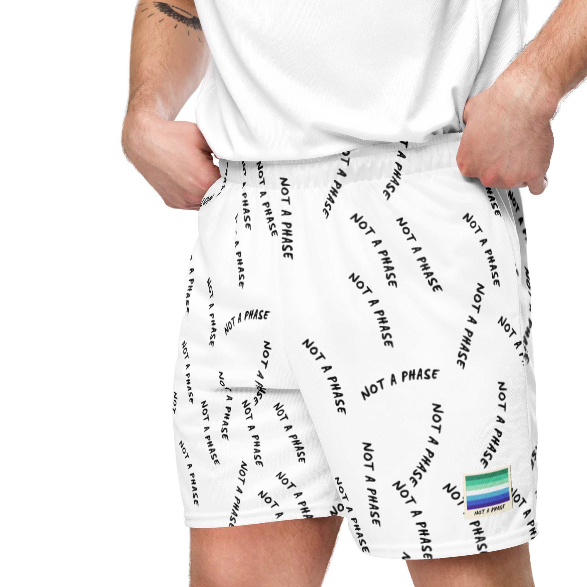 Not A Phase MLM pride mesh shorts, view 2 — Rose Gold Co