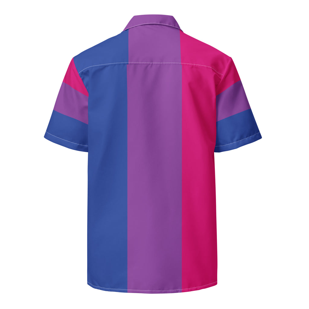 Bisexual pride flag all-over print button-up shirt, view 5 — Rose Gold Co
