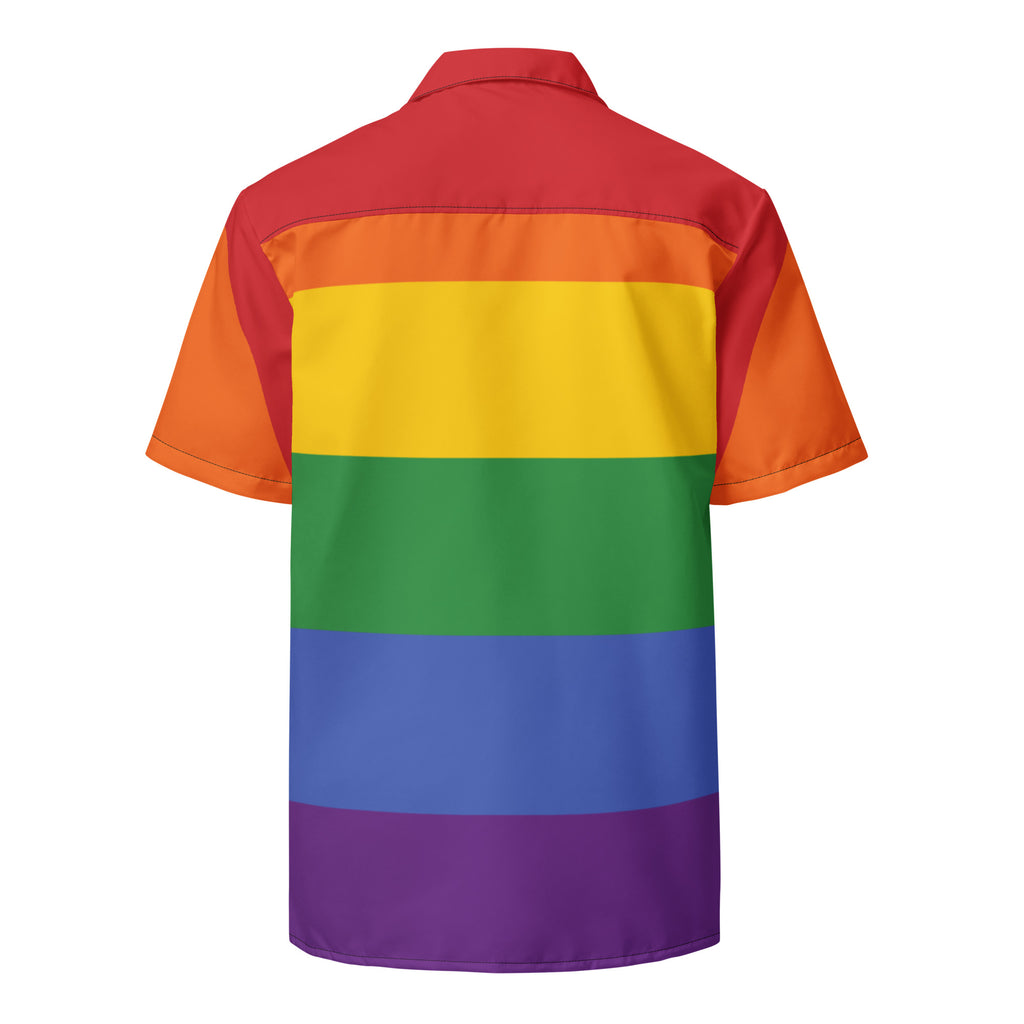 Rainbow stripe LGBT pride Hawaiian button-up shirt, view 6 — Rose Gold Co