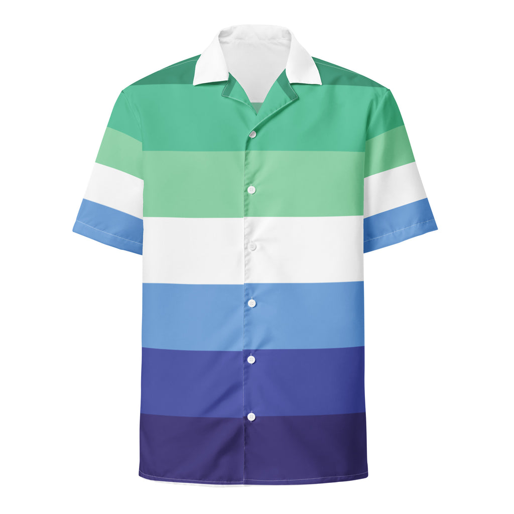 MLM pride flag button-up shirt, front — Rose Gold Co
