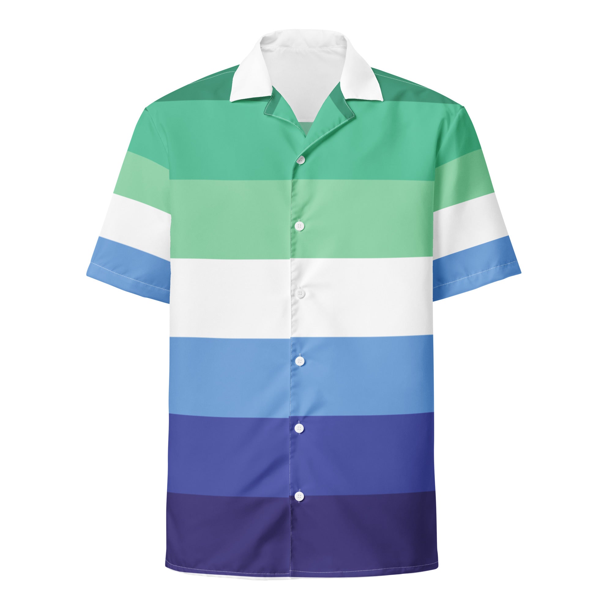 MLM pride flag button-up shirt, front — Rose Gold Co