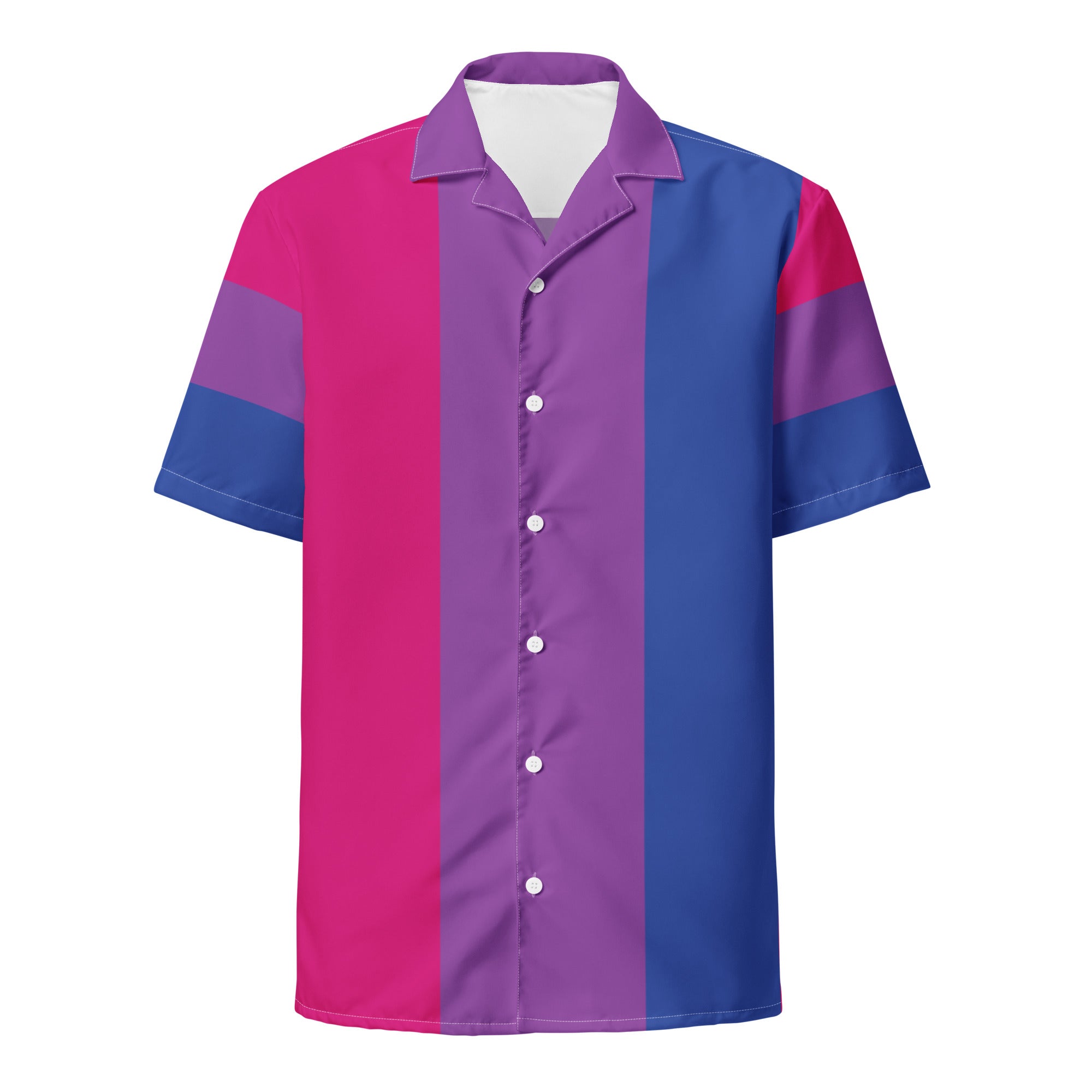 Bisexual pride flag all-over print button-up shirt, view 4 — Rose Gold Co