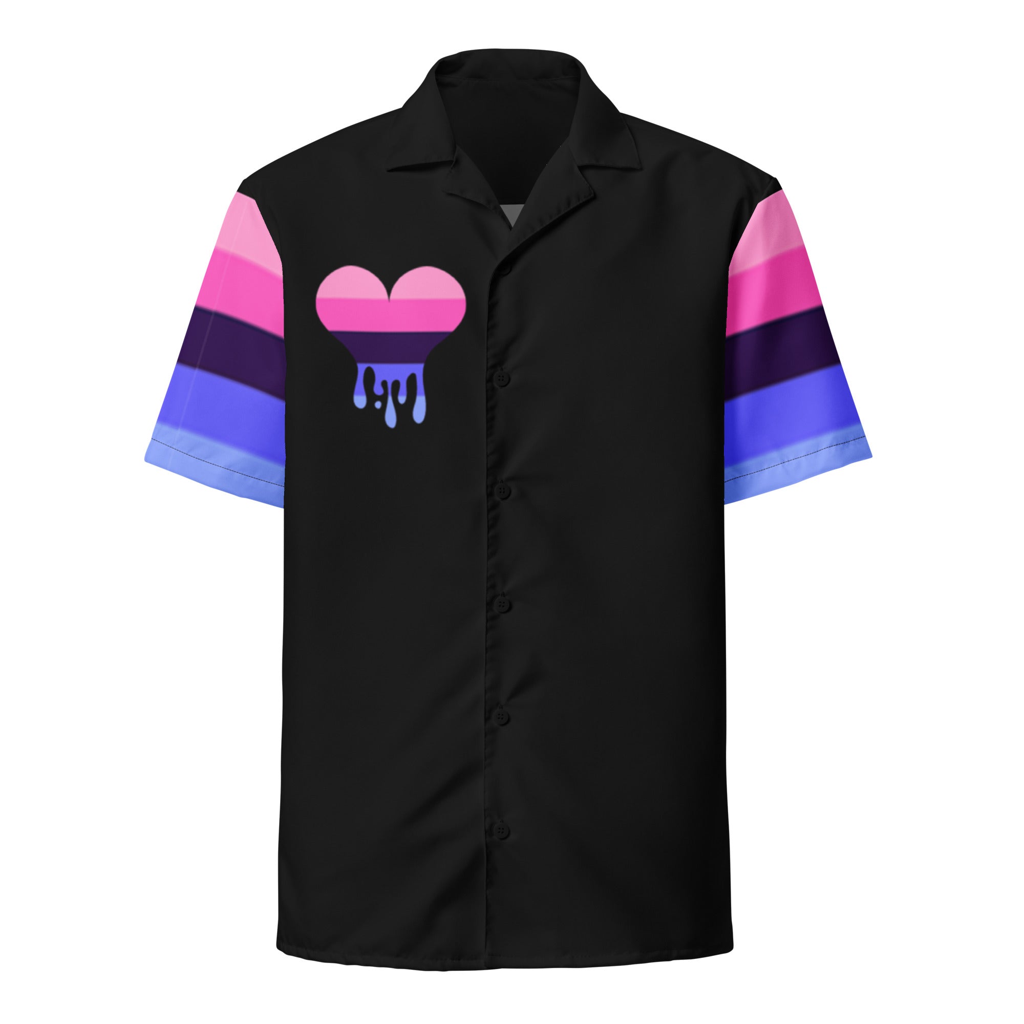 Omnisexual pride heart Hawaiian button-up shirt, view 2 — Rose Gold Co