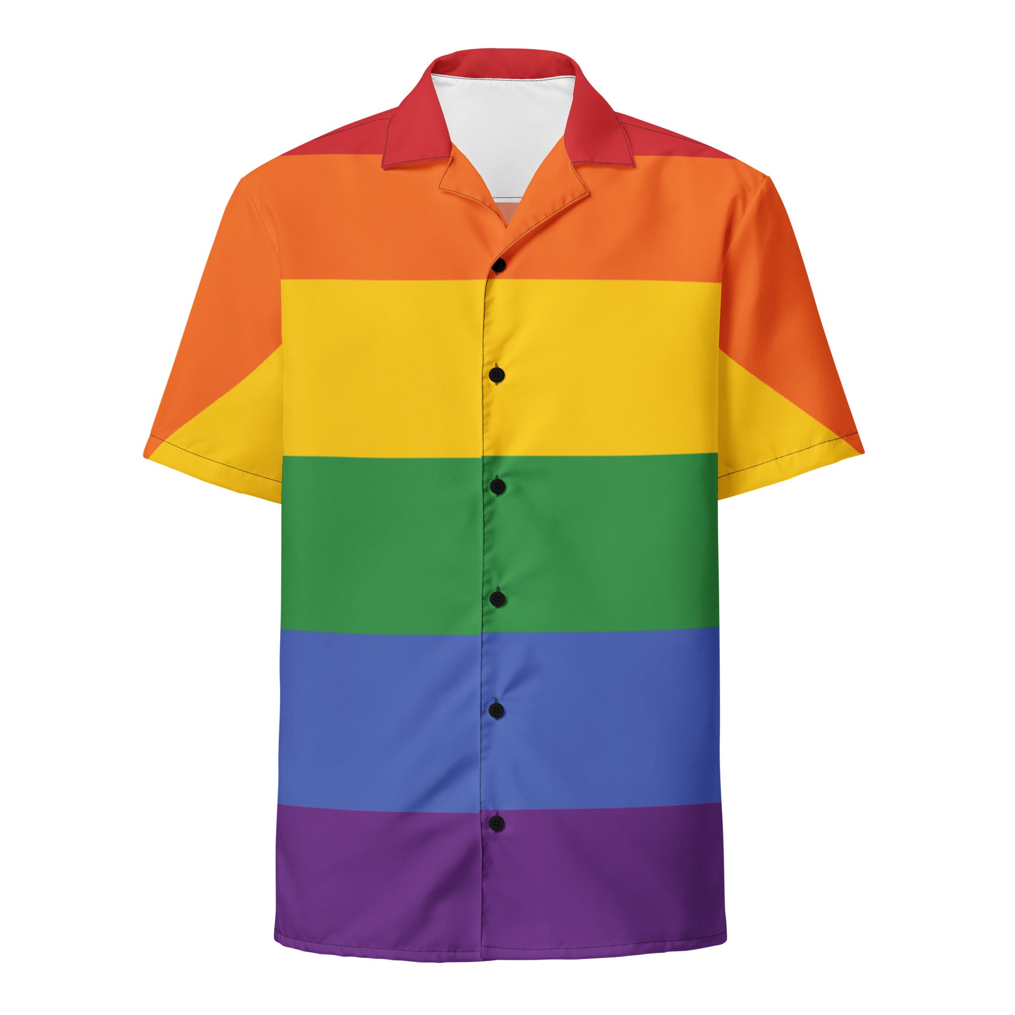 Rainbow stripe LGBT pride Hawaiian button-up shirt, view 5 — Rose Gold Co