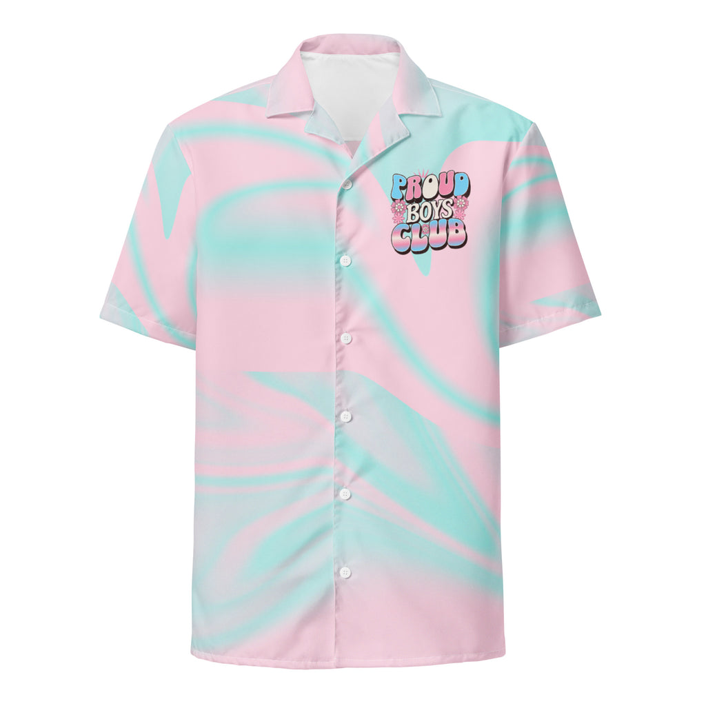 Transgender FTM pride Hawaiian shirt, front — Rose Gold Co