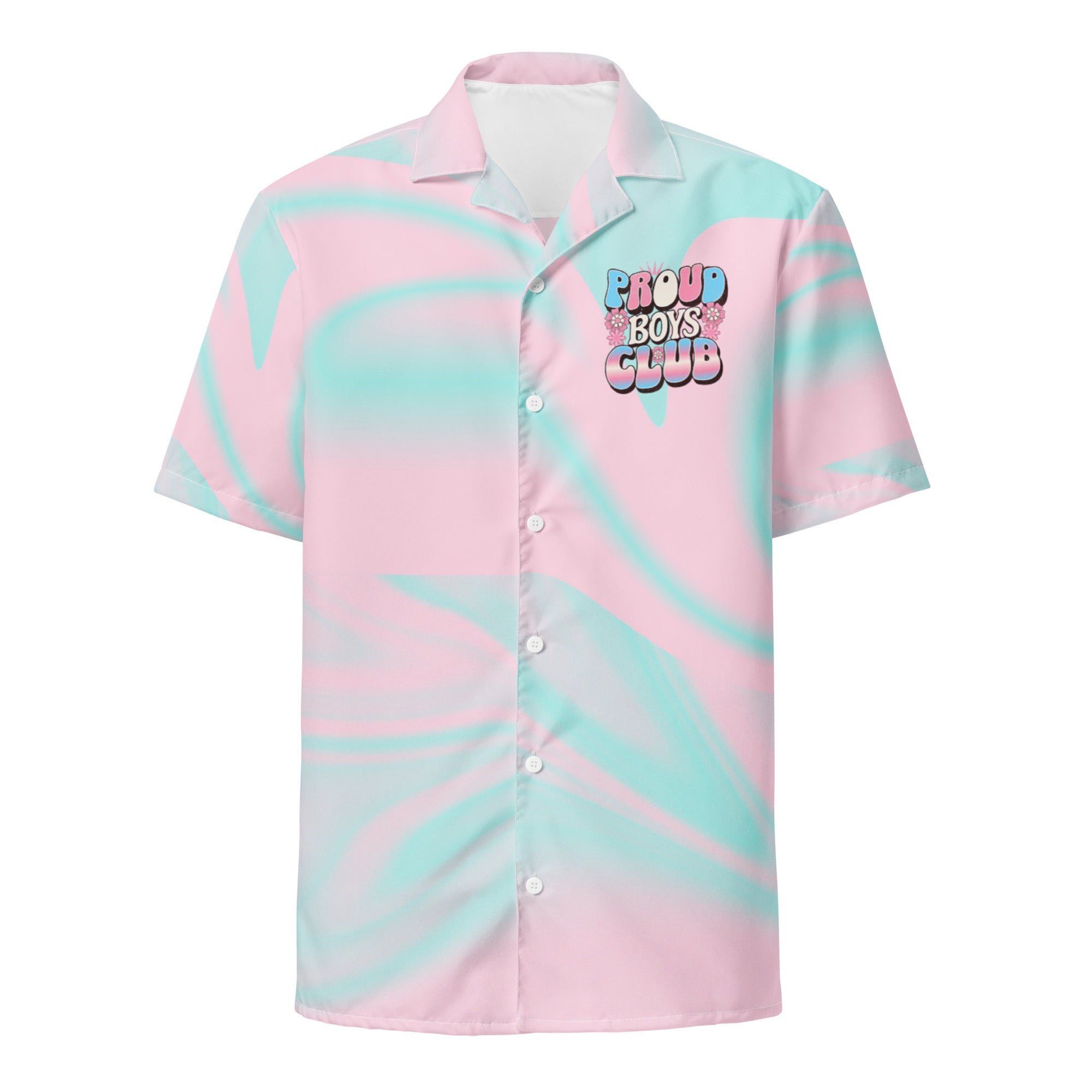 Transgender FTM pride Hawaiian shirt, front — Rose Gold Co