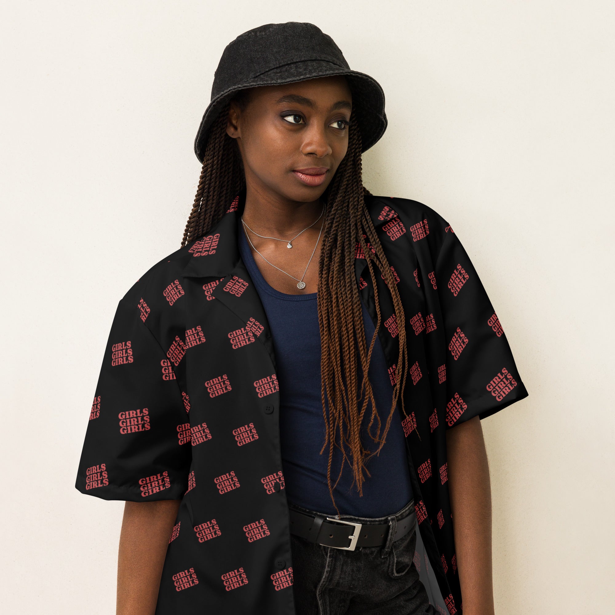Girls Girls Girls button-up shirt, detail view — Rose Gold Co