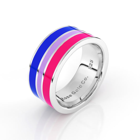 bisexual pride ring by rose gold co at diagonal angle
