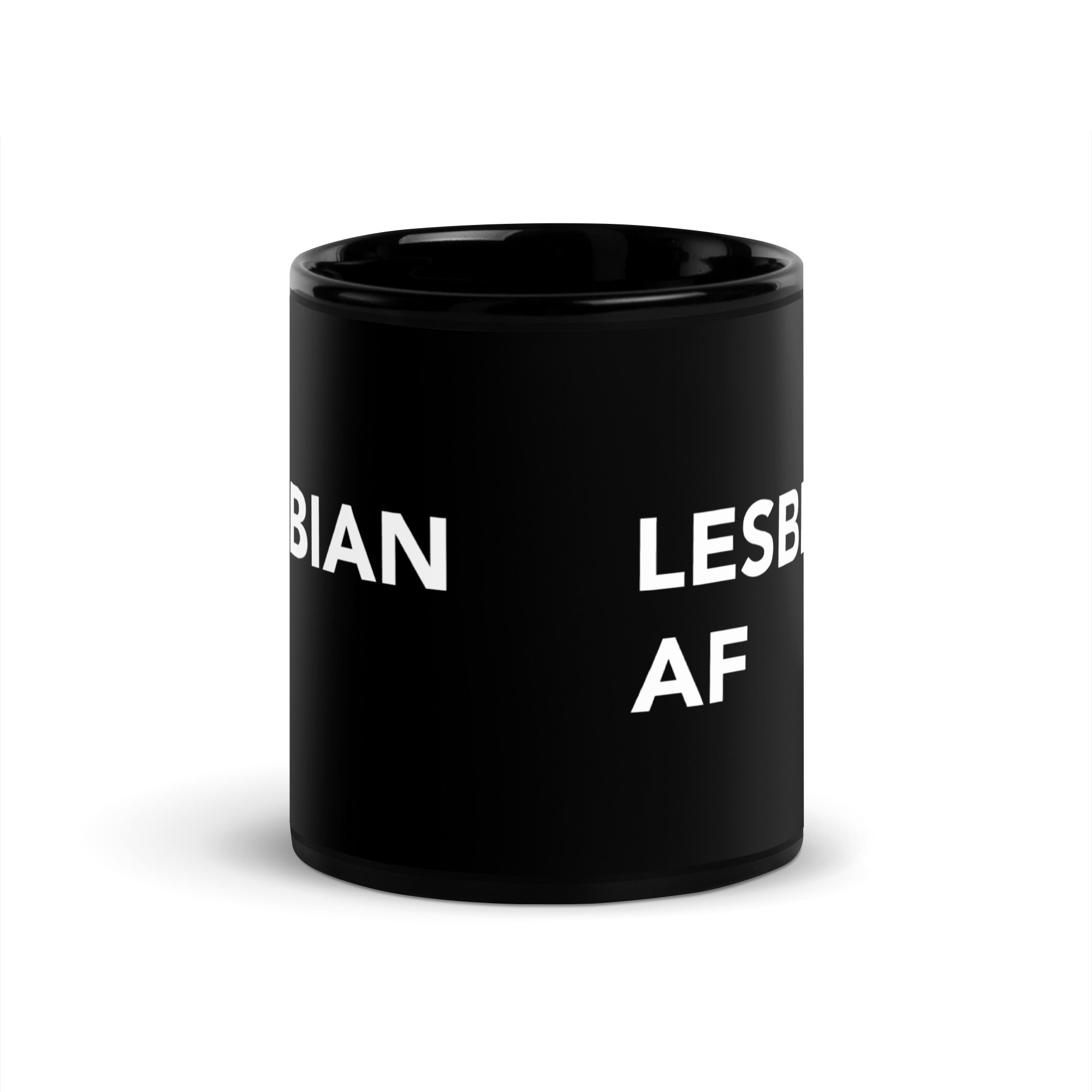 Lesbian AF black glossy mug, view 4 — Rose Gold Co