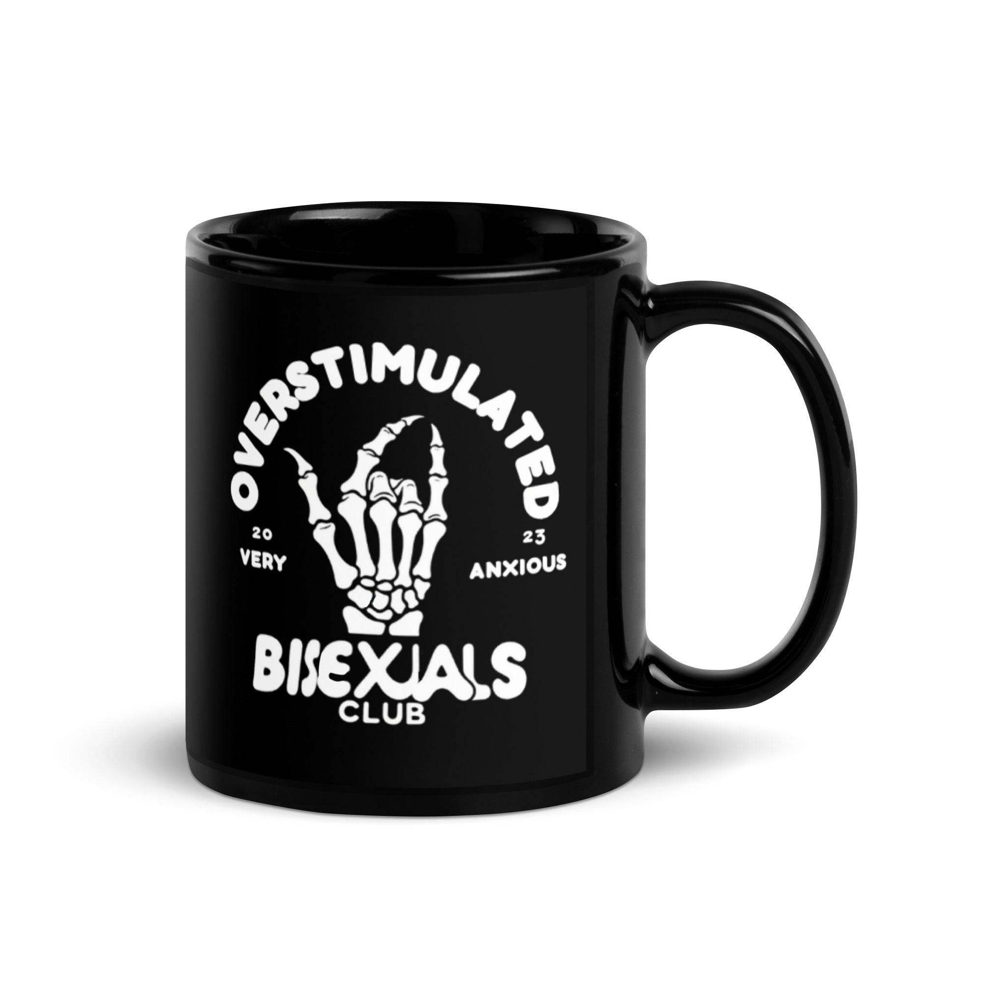 Overstimulated Bisexuals Club black glossy mug, view 4 — Rose Gold Co