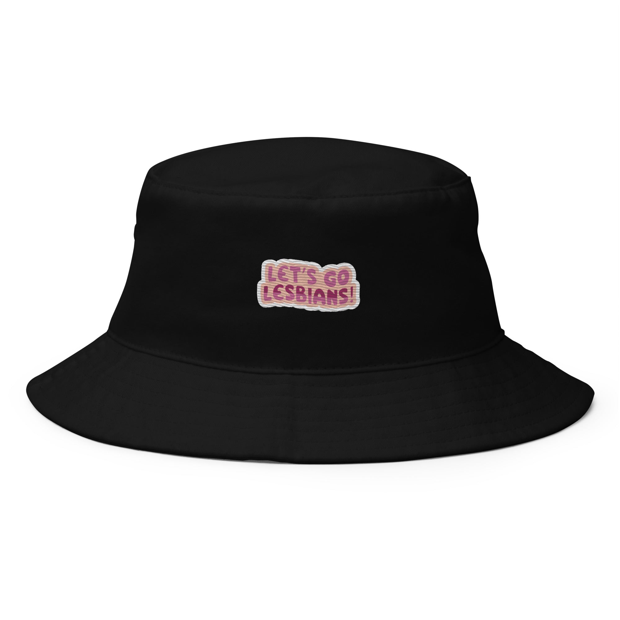 Let's Go Lesbians embroidered bucket hat, detail view — Rose Gold Co