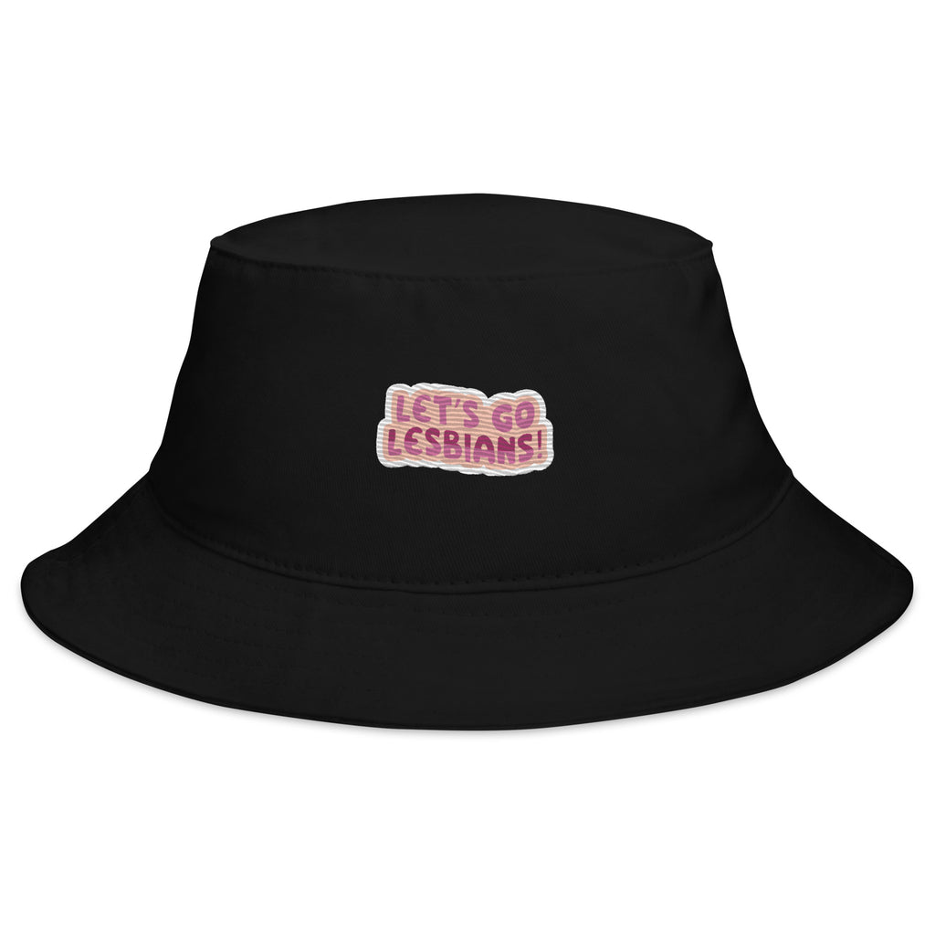 Let's Go Lesbians embroidered bucket hat, flat lay — Rose Gold Co