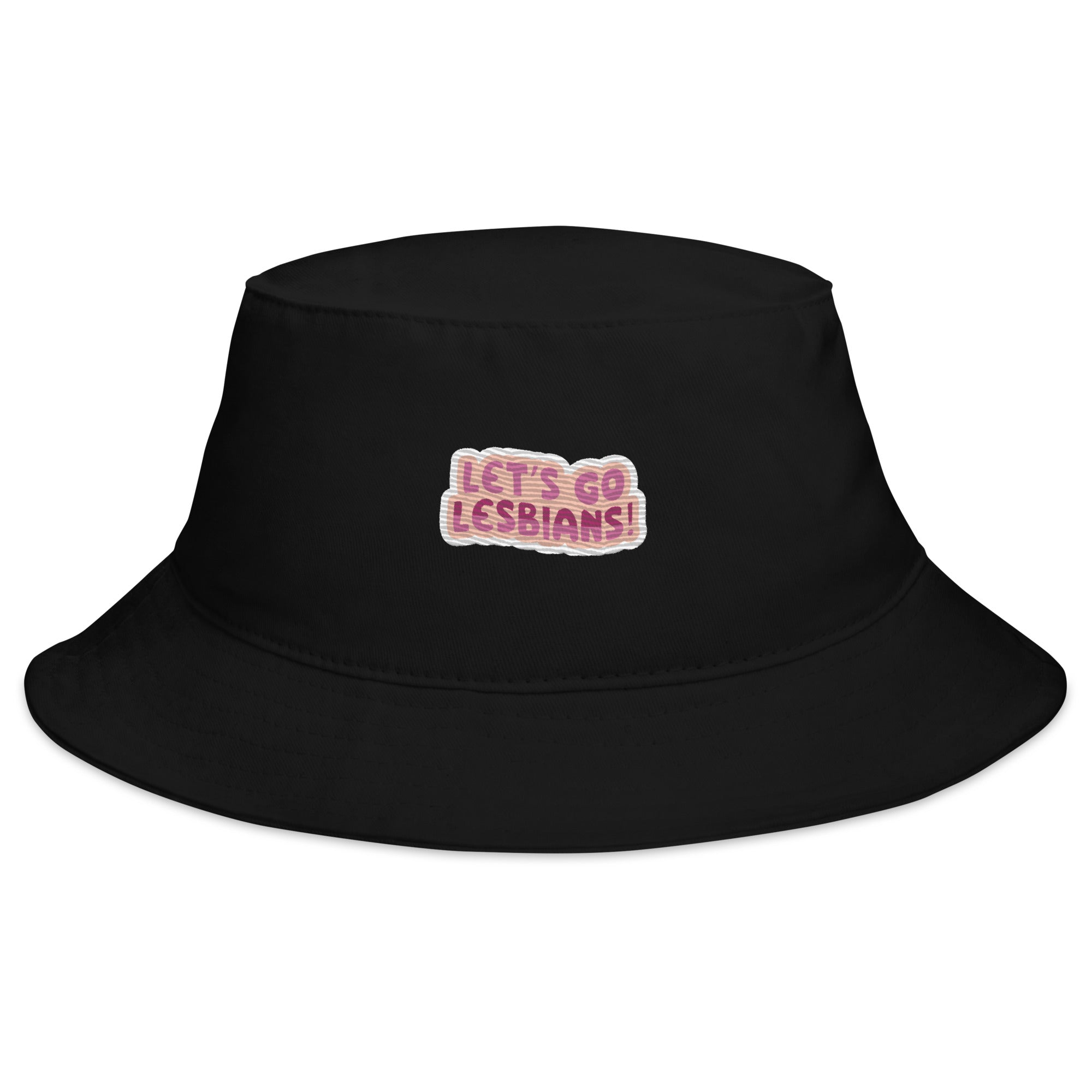 Let's Go Lesbians embroidered bucket hat, flat lay — Rose Gold Co