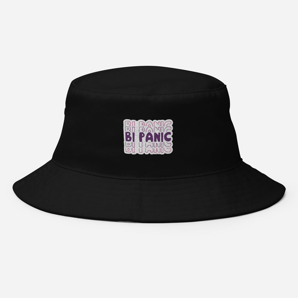 Bi Panic embroidered bucket hat, black, front view 2 — Rose Gold Co