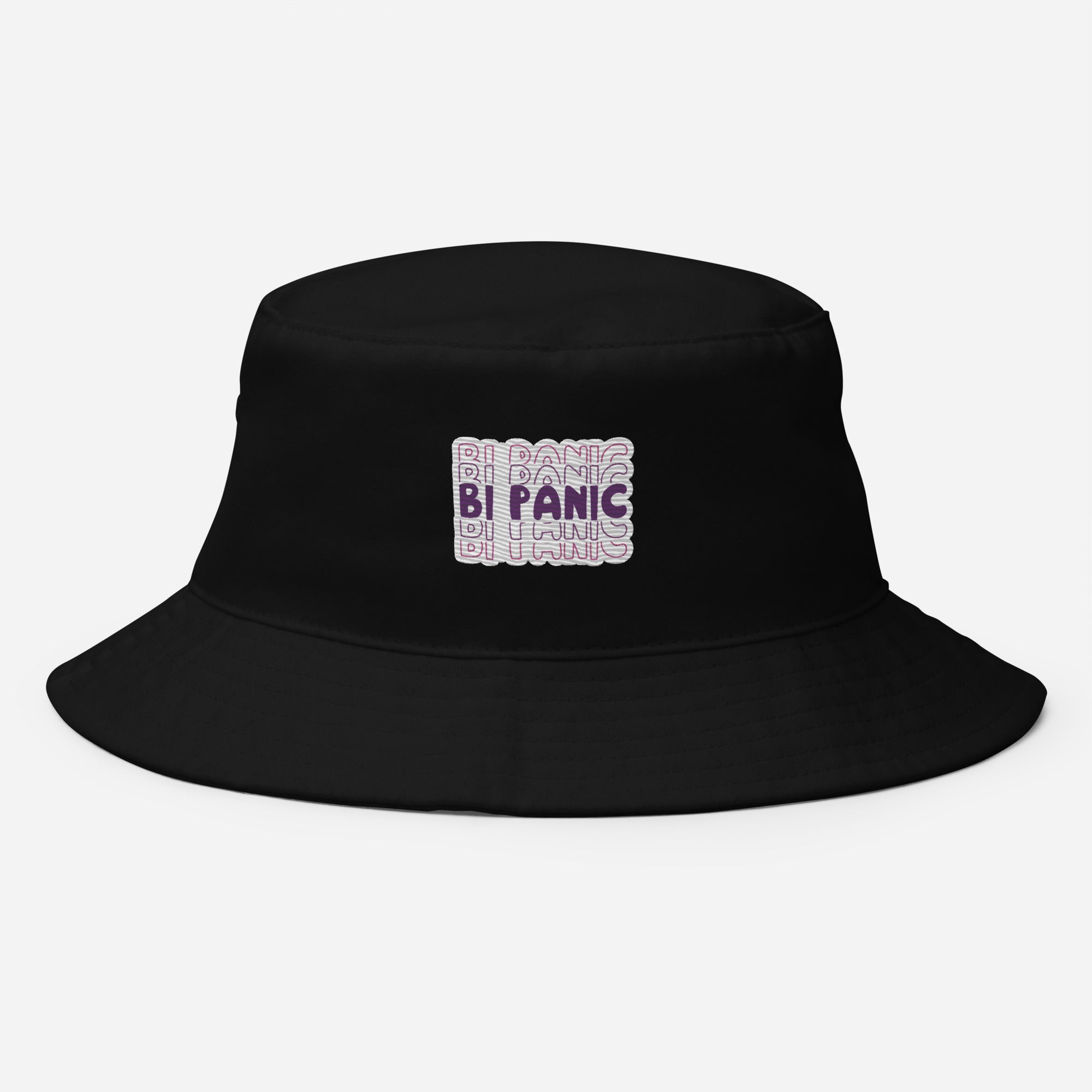 Bi Panic embroidered bucket hat, black, front view 2 — Rose Gold Co