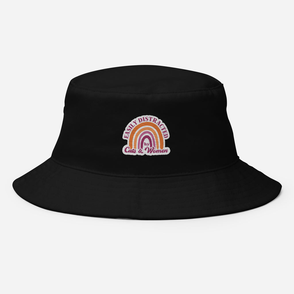 Easily Distracted by Cats & Women embroidered bucket hat, black, front view 2 — Rose Gold Co