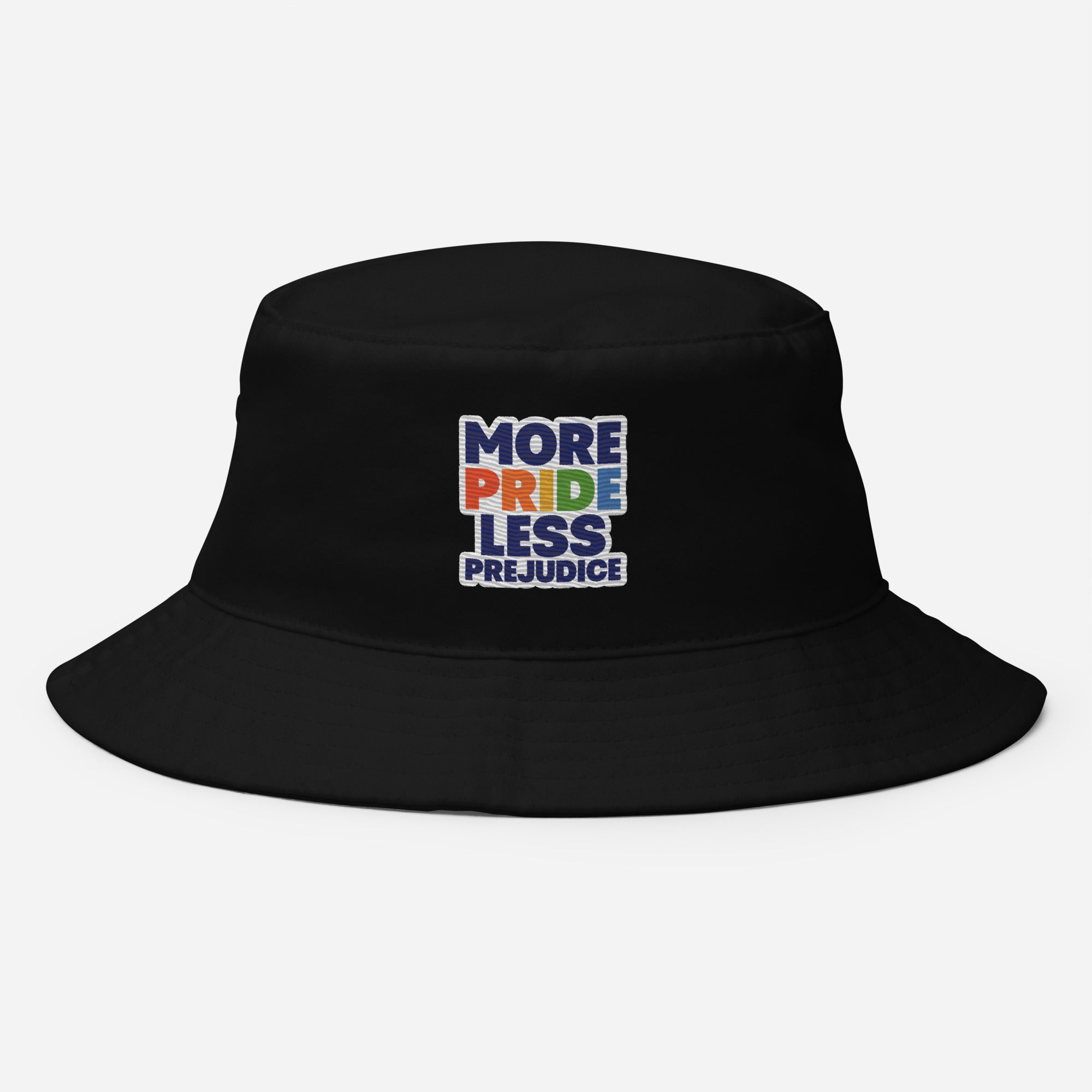 More Pride Less Prejudice embroidered bucket hat, black, front view 2 — Rose Gold Co