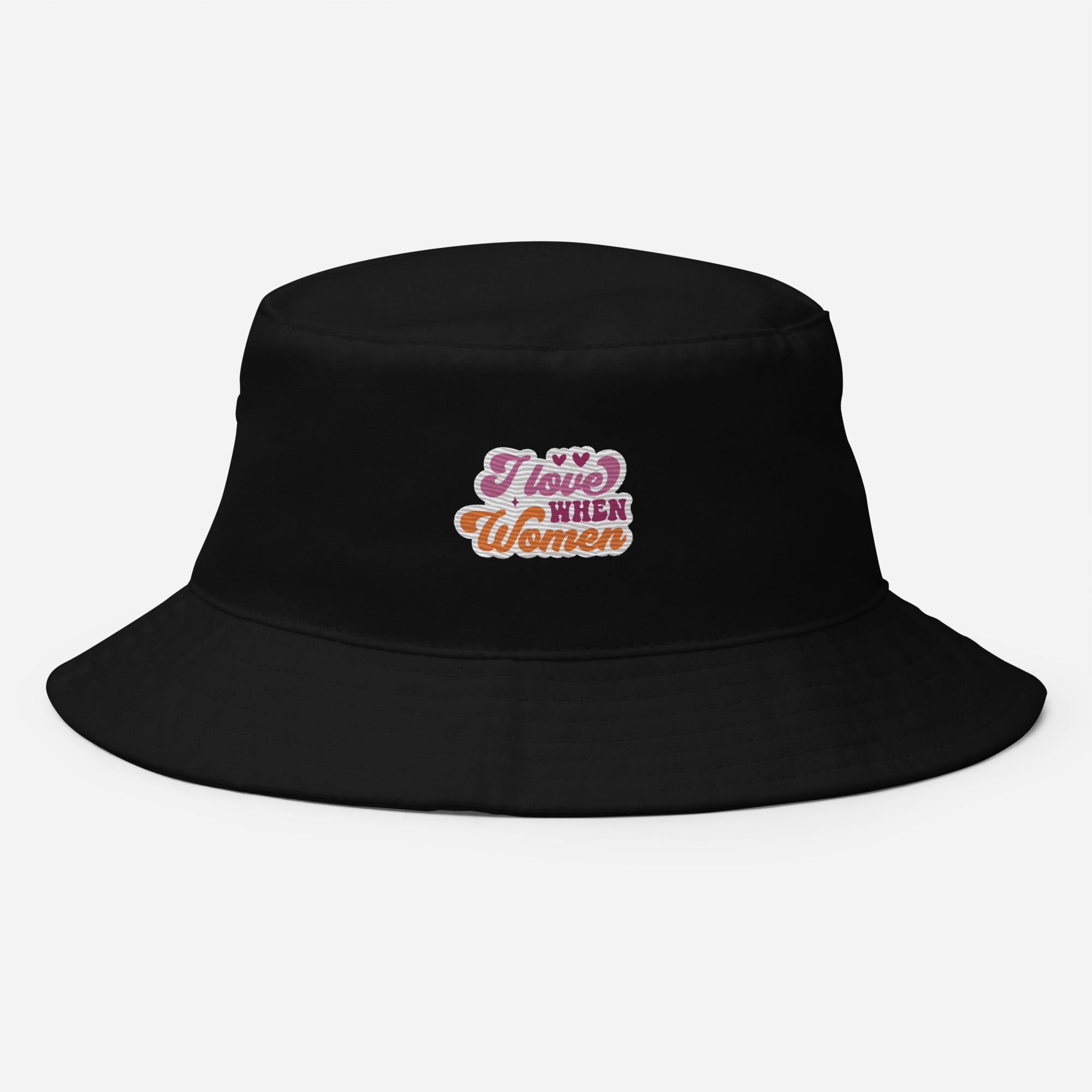 I Love When Women embroidered bucket hat, black, front view 2 — Rose Gold Co