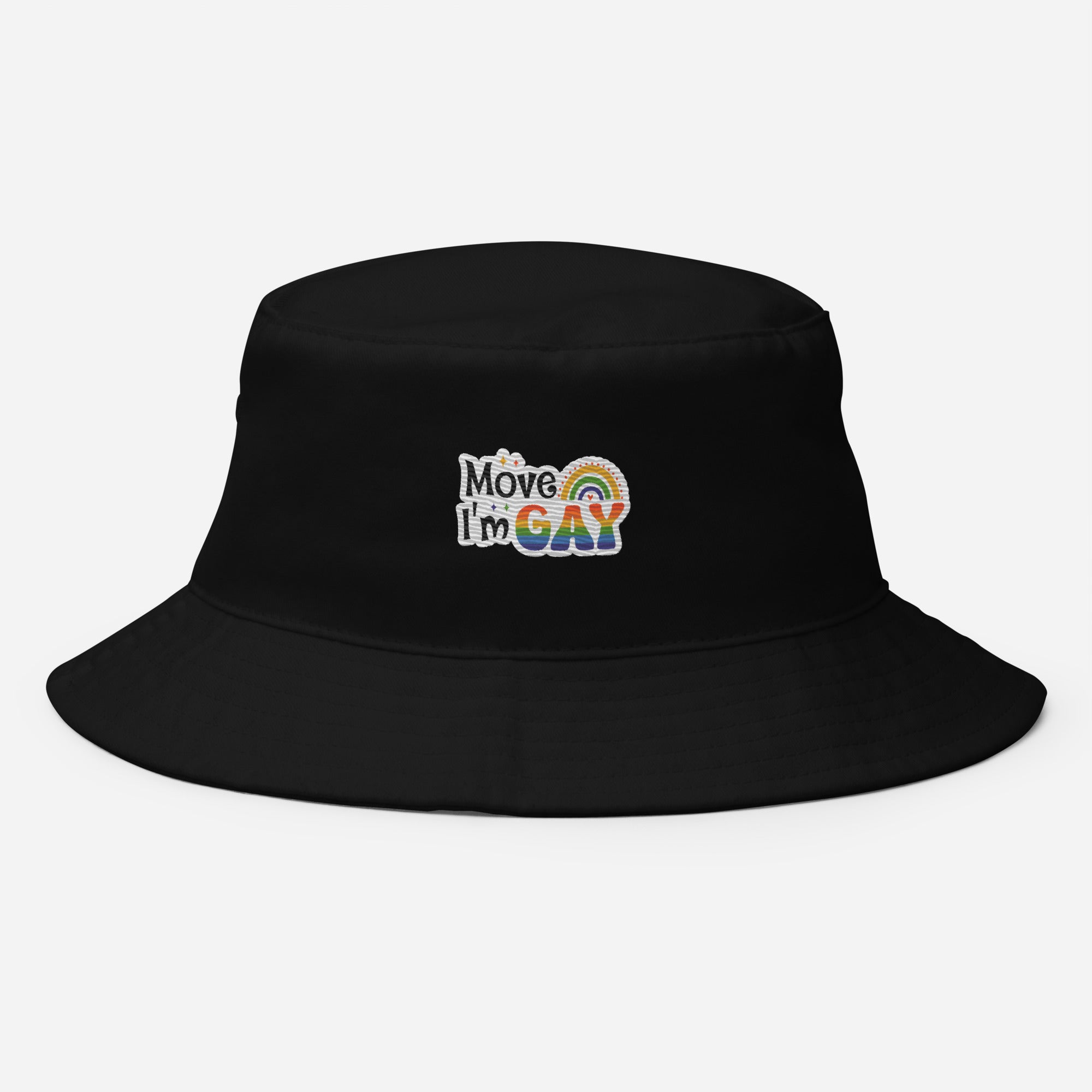 Move I'm Gay embroidered bucket hat, black, front view 2 — Rose Gold Co