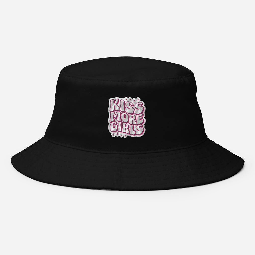 Kiss More Girls embroidered bucket hat, black, front view 2 — Rose Gold Co