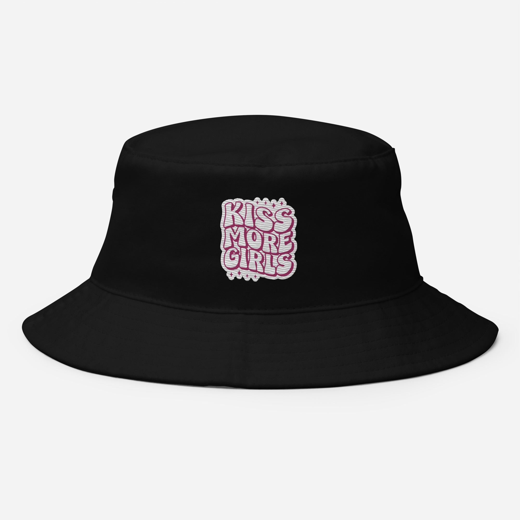 Kiss More Girls embroidered bucket hat, black, front view 2 — Rose Gold Co