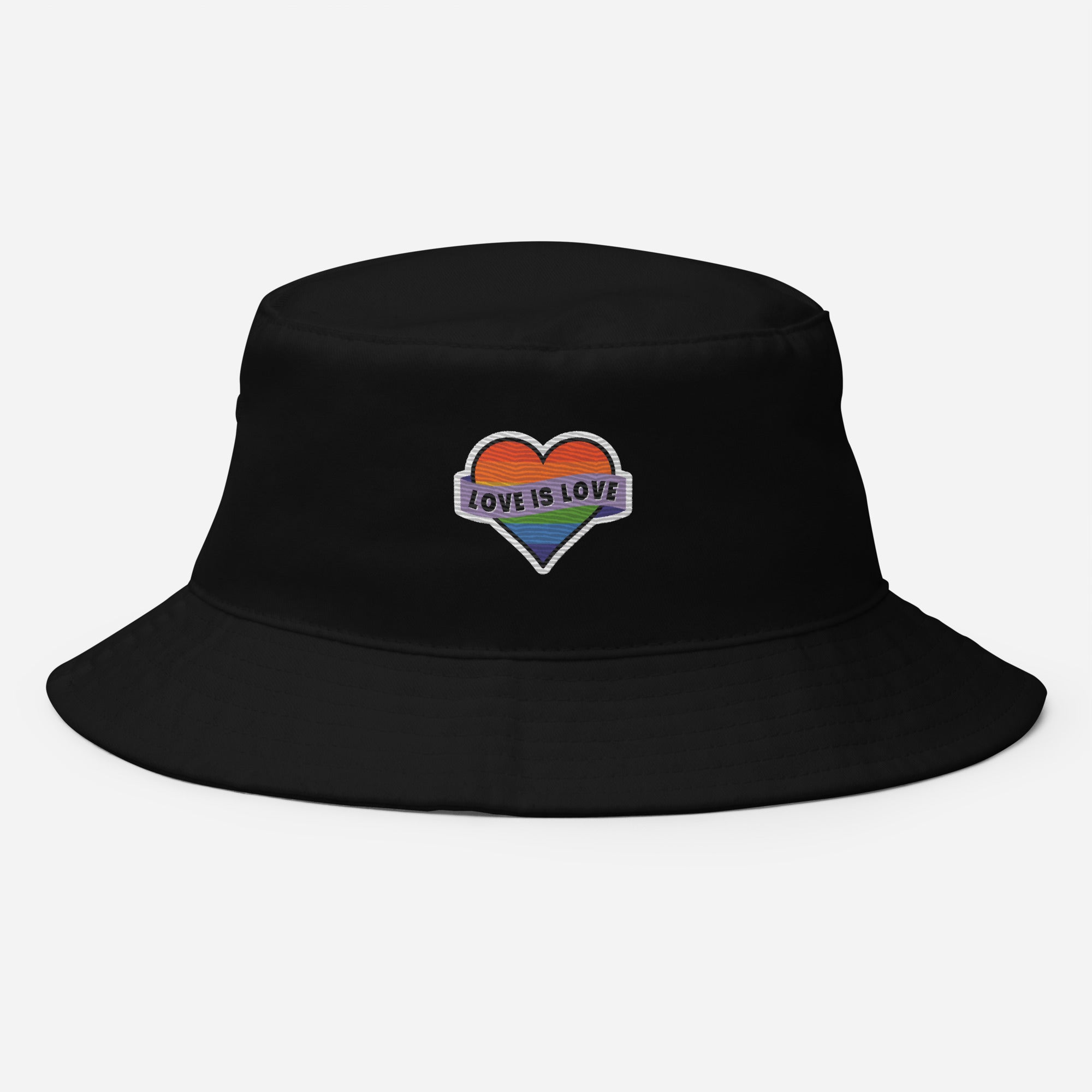 Love Is Love embroidered bucket hat, black, front view 2 — Rose Gold Co