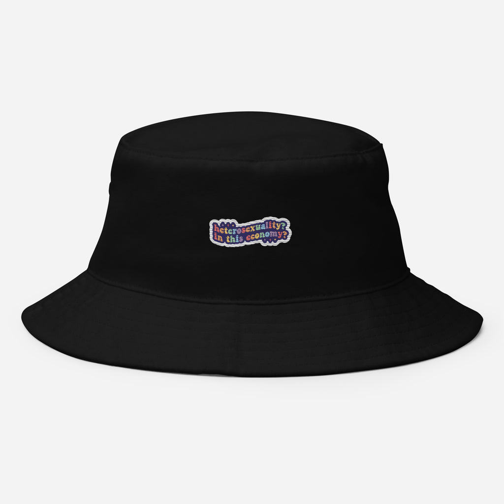 Heterosexuality? In This Economy? embroidered bucket hat, black, front view 2 — Rose Gold Co