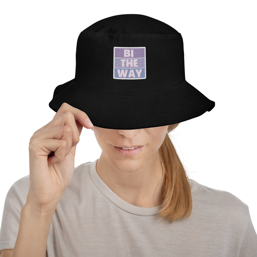 Bi the Way embroidered bucket hat, black, front view — Rose Gold Co